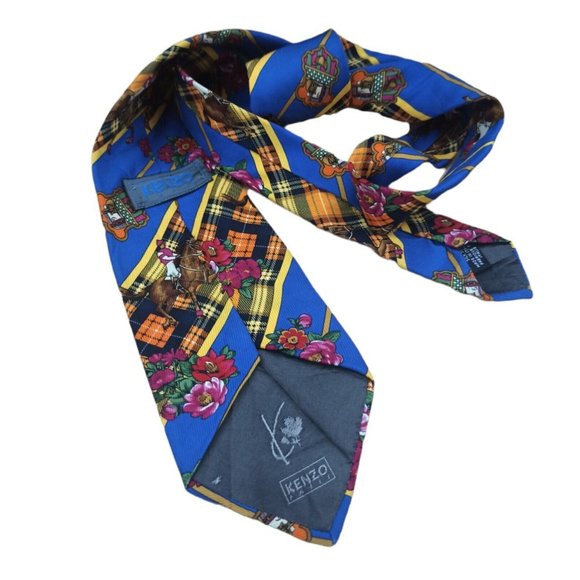 KENZO PARIS Blue Floral Equestrian Silk Tie ITALY 59"/ 4" EC - Picture 9 of 9